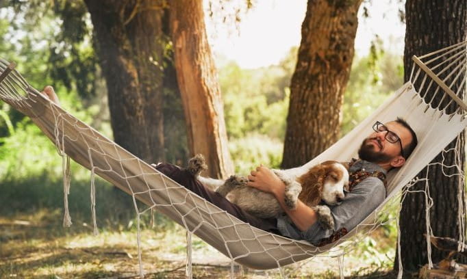 man napping in hammock while holding small dog